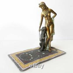 Art Deco Nude Lady Cheetah Cat on Carpet Austrian Bergman Bronze