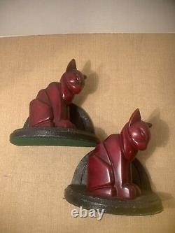 Art Deco Pair Red Cat Book Ends Very Stylized 1930-40's Frankart NuArt