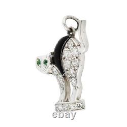 Art Deco Platinum Diamonds Emeralds Black Enamel Fright Cat Pendant Charm
