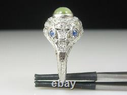 Art Deco Platinum Ring Cat's Eye Chrysoberyl Diamond Sapphire Antique Estate