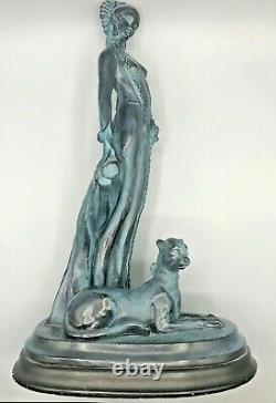 Art Deco Sculpture Cleopatra with Exotic Cat Charcoal and Blue Green 17.5 in