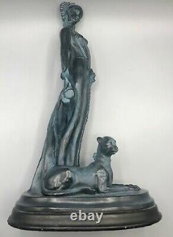 Art Deco Sculpture Cleopatra with Exotic Cat Charcoal and Blue Green 17.5 in