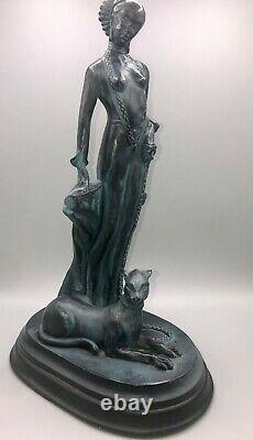 Art Deco Sculpture Cleopatra with Exotic Cat Charcoal and Blue Green 17.5 in