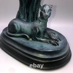 Art Deco Sculpture Cleopatra with Exotic Cat Charcoal and Blue Green 17.5 in