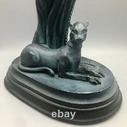 Art Deco Sculpture Cleopatra with Exotic Cat Charcoal and Blue Green 17.5 in