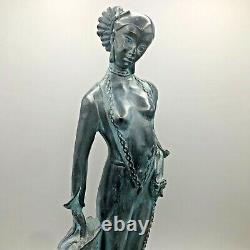 Art Deco Sculpture Cleopatra with Exotic Cat Charcoal and Blue Green 17.5 in