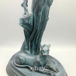 Art Deco Sculpture Cleopatra with Exotic Cat Charcoal and Blue Green 17.5 in