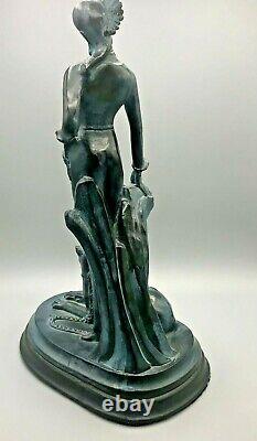 Art Deco Sculpture Cleopatra with Exotic Cat Charcoal and Blue Green 17.5 in