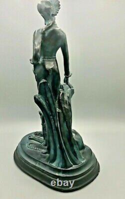 Art Deco Sculpture Cleopatra with Exotic Cat Charcoal and Blue Green 17.5 in