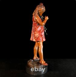 Art Deco Sculpture Lovely Girl With Cat Chatting Bronze Statue