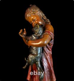 Art Deco Sculpture Lovely Girl With Cat Chatting Bronze Statue