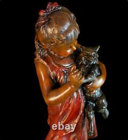 Art Deco Sculpture Lovely Girl With Cat Chatting Bronze Statue