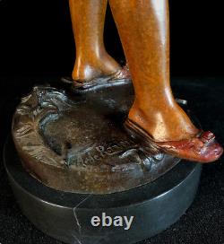 Art Deco Sculpture Lovely Girl With Cat Chatting Bronze Statue