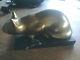 Art Deco Solid Brass Cat On Marble Base Crouching Heavy 2.5kg Approx