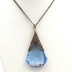 Art Deco Sterling Silver Teardrop Blue Cat Glass Pendant Chain Necklace