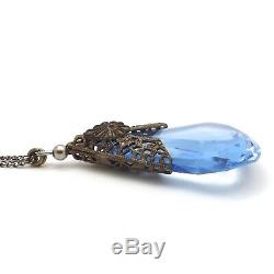 Art Deco Sterling Silver Teardrop Blue Cat Glass Pendant Chain Necklace