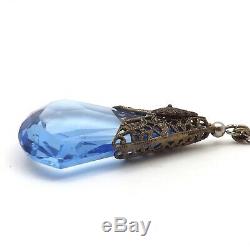 Art Deco Sterling Silver Teardrop Blue Cat Glass Pendant Chain Necklace