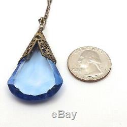 Art Deco Sterling Silver Teardrop Blue Cat Glass Pendant Chain Necklace