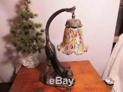 Art Deco Stretching Cat Table Lamp Millefiori Shade Very Cute Cat Lamp