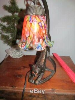 Art Deco Stretching Cat Table Lamp Millefiori Shade Very Cute Cat Lamp