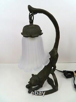 Art Deco Style Black Metal Cat Lamp with Light Up Green Eyes Bronze Finish