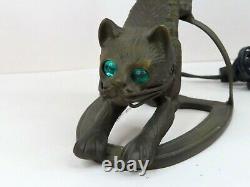 Art Deco Style Black Metal Cat Lamp with Light Up Green Eyes Bronze Finish