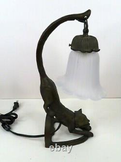 Art Deco Style Black Metal Cat Lamp with Light Up Green Eyes Bronze Finish