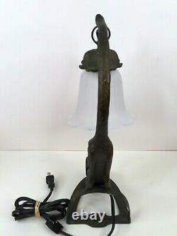 Art Deco Style Black Metal Cat Lamp with Light Up Green Eyes Bronze Finish