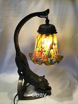 Art Deco Style Stretching Black Cat With Orange Eyes Floral Glass Lamp Shade