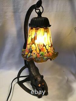 Art Deco Style Stretching Black Cat With Orange Eyes Floral Glass Lamp Shade