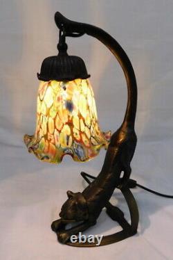 Art Deco Style Stretching Cat Millefiori Shade Table Desk Lamp 15 Tall