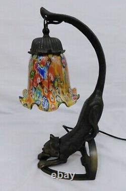 Art Deco Style Stretching Cat Millefiori Shade Table Desk Lamp 15 Tall