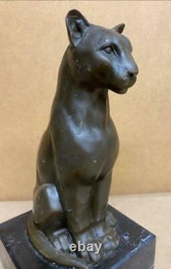 Art Deco Stylised Bronze Sculpture of a Sitting Wild Cat Signed after CESARO