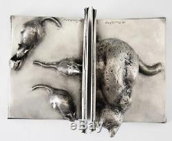 Art Deco bronze bookends, cat and mice on books A. Duchene 1920