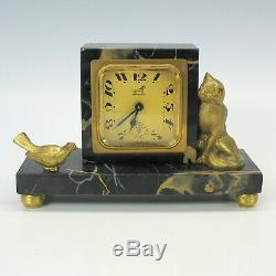 Art Deco gilded bronze cat and bird desk clock on black marble base