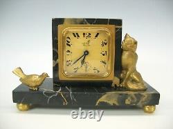 Art Deco gilded bronze cat and bird desk clock on black marble base