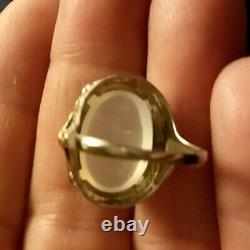 Art Deco white gold ring with rose and yellow accents, cat's eye moonstone