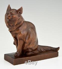 Art Deco wooden sculpture of a cat hand carved by Irenee Rochard France 1930