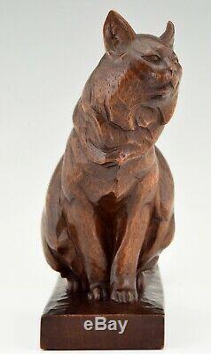 Art Deco wooden sculpture of a cat hand carved by Irenee Rochard France 1930