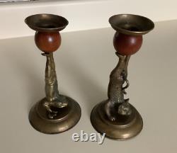 Arthur Court Frog and Cat Brass Wood Candle Holder 1977 Set Of 2
