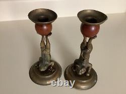 Arthur Court Frog and Cat Brass Wood Candle Holder 1977 Set Of 2