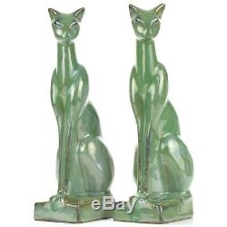 Arts & Crafts/Deco Fulper Pottery Green Crystalline 9 1/2 Cat Bookends c1939