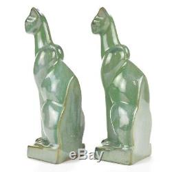 Arts & Crafts/Deco Fulper Pottery Green Crystalline 9 1/2 Cat Bookends c1939