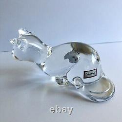 Baccarat Crystal Clear Glass Crouched Cat Figurine Paperweight Signed Sticker