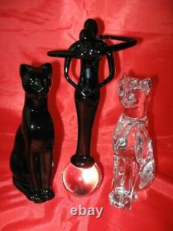 Baccarat French Crystal Black Cat Figurine, Egyptian Art Deco Glass Paperweight