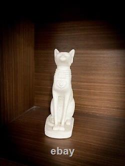 Bastet Statue with Scarab, White Alabaster Cat Statue from Ancient Egypt