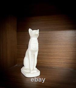 Bastet Statue with Scarab, White Alabaster Cat Statue from Ancient Egypt