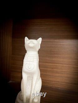 Bastet Statue with Scarab, White Alabaster Cat Statue from Ancient Egypt