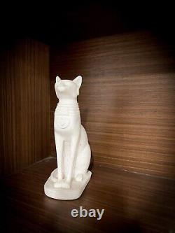 Bastet Statue with Scarab, White Alabaster Cat Statue from Ancient Egypt