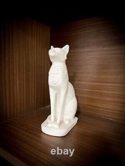 Bastet Statue with Scarab, White Alabaster Cat Statue from Ancient Egypt